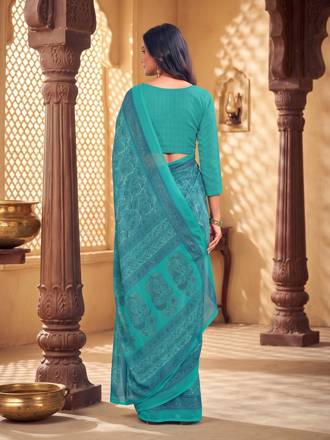 Peachmode Turquoise Printed Smart Chiffon Saree - Image 2