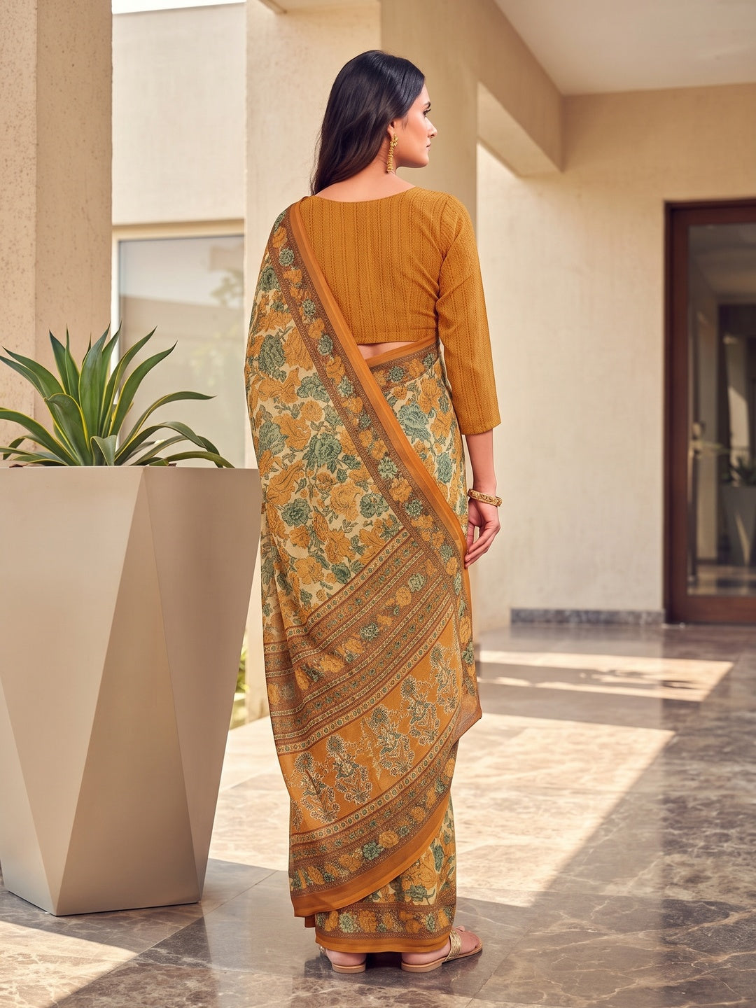 Peachmode Mustard Printed Smart Chiffon Saree - Image 2