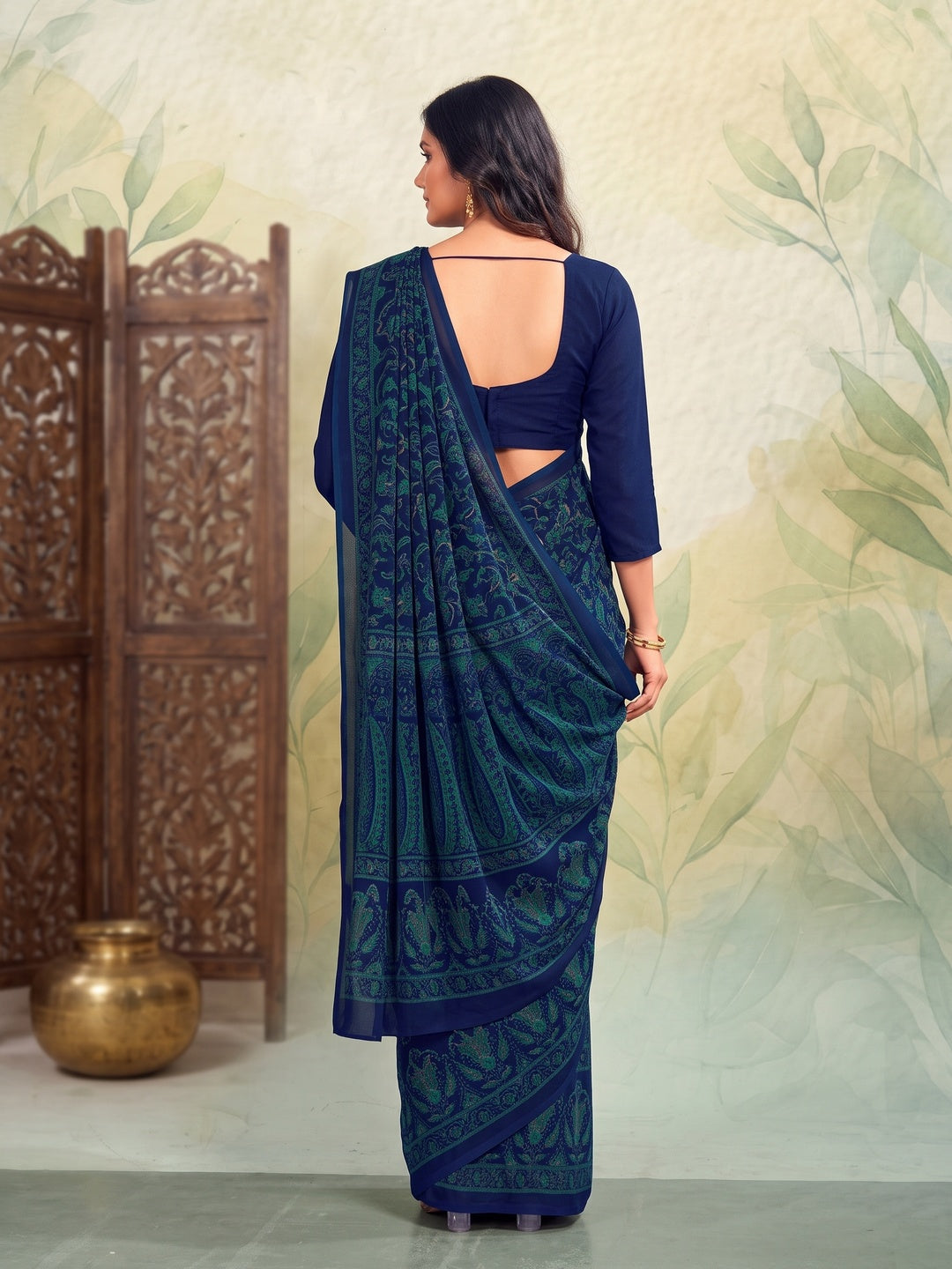 Peachmode Navy Blue Printed Smart Chiffon Saree - Image 2