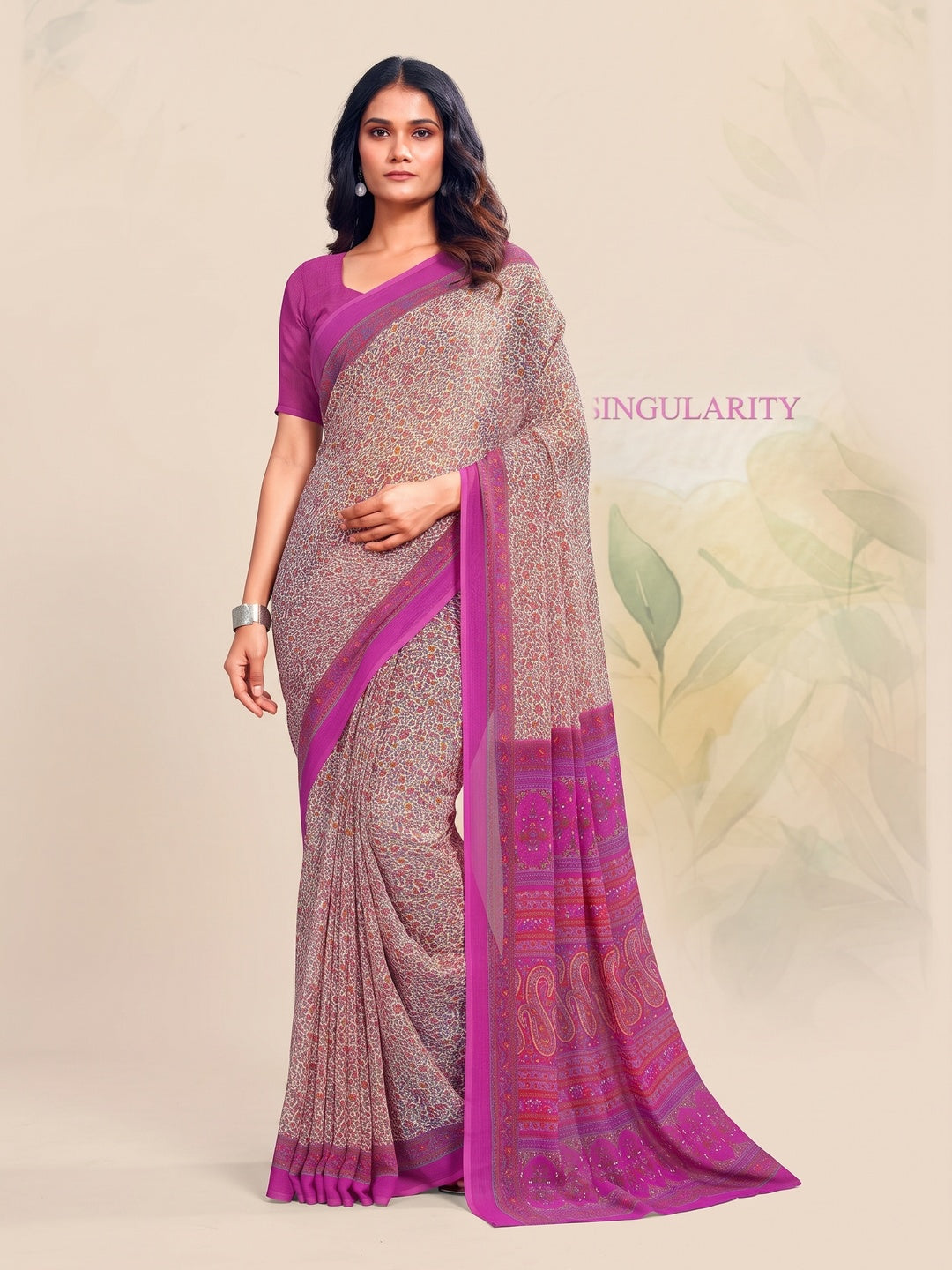 Peachmode Magenta Printed Smart Chiffon Saree - Image 1