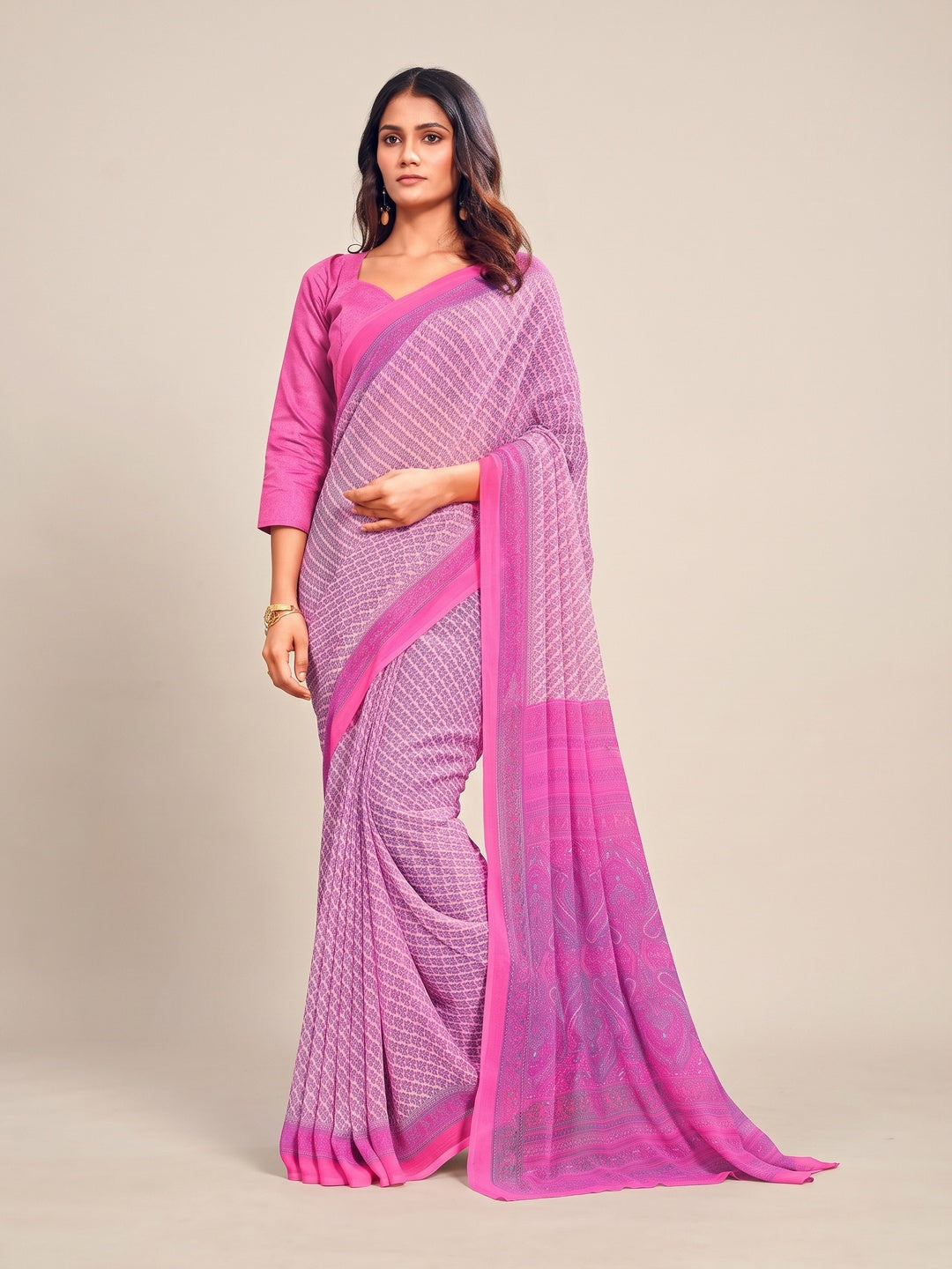 Peachmode Pink Printed Smart Chiffon Saree - Image 1