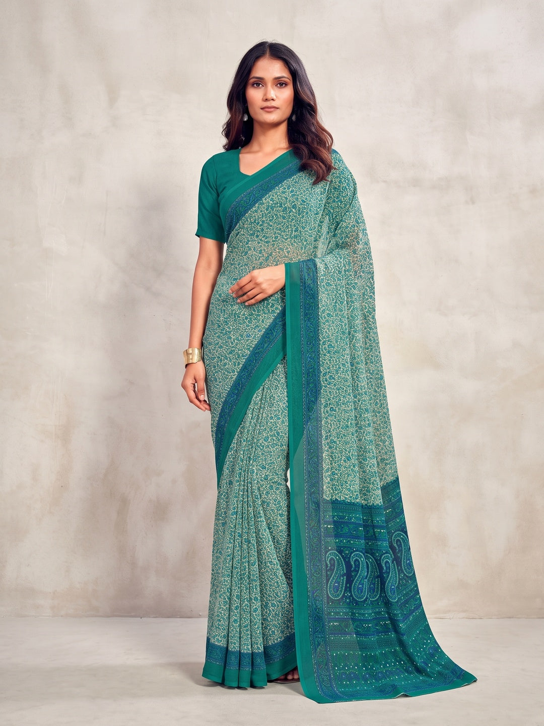Peachmode Teal Printed Smart Chiffon Saree - Image 1
