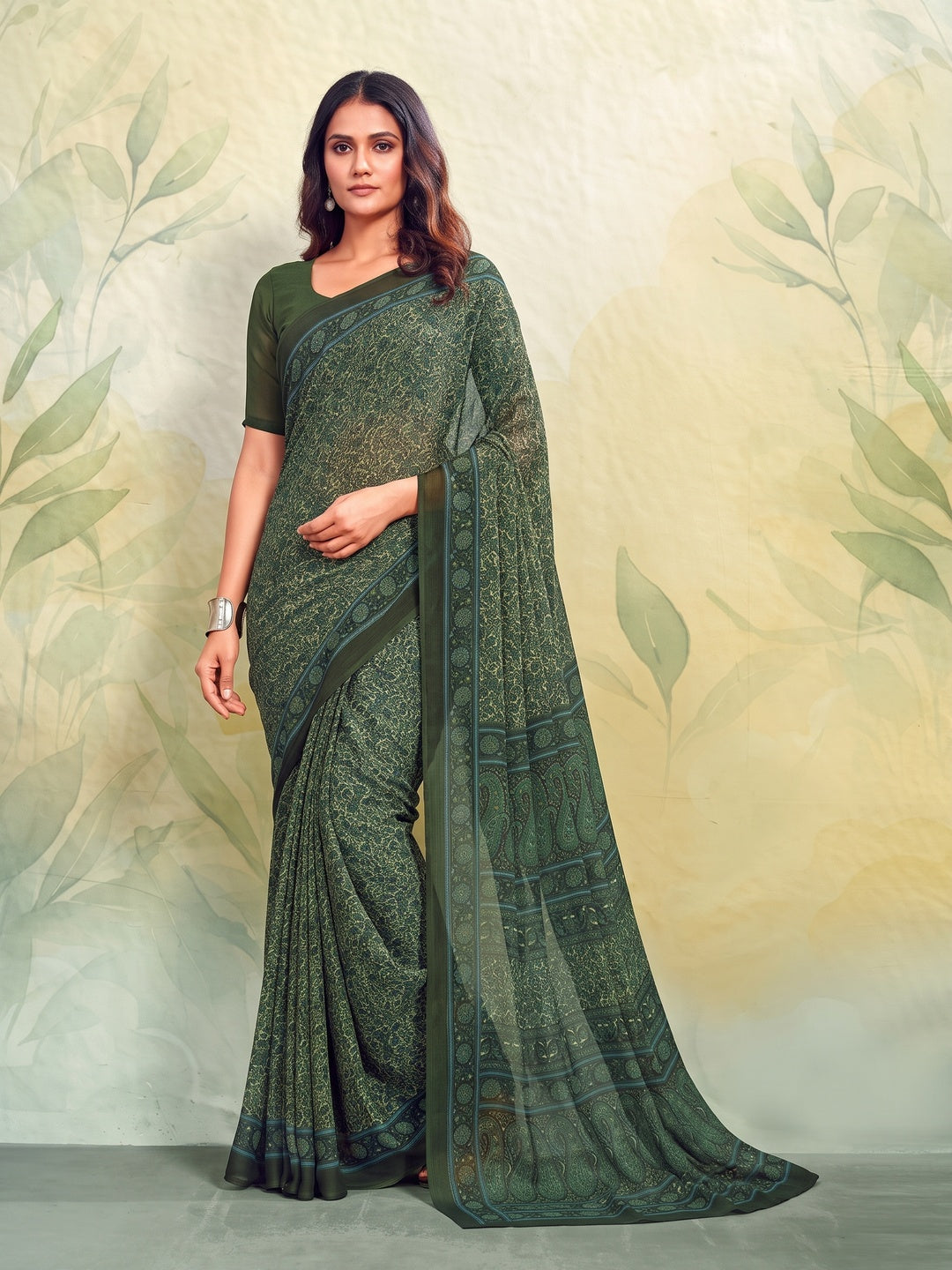 Peachmode Dark Green Printed Smart Chiffon Saree - Image 1