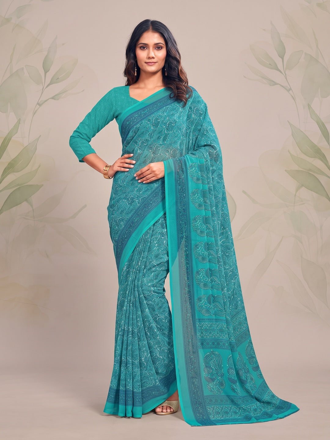 Peachmode Turquoise Printed Smart Chiffon Saree - Image 1