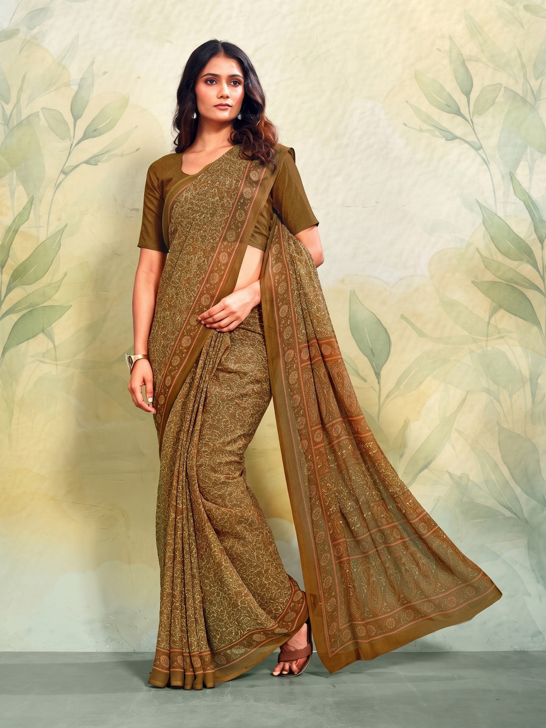 Peachmode Brown Printed Smart Chiffon Saree - Image 1
