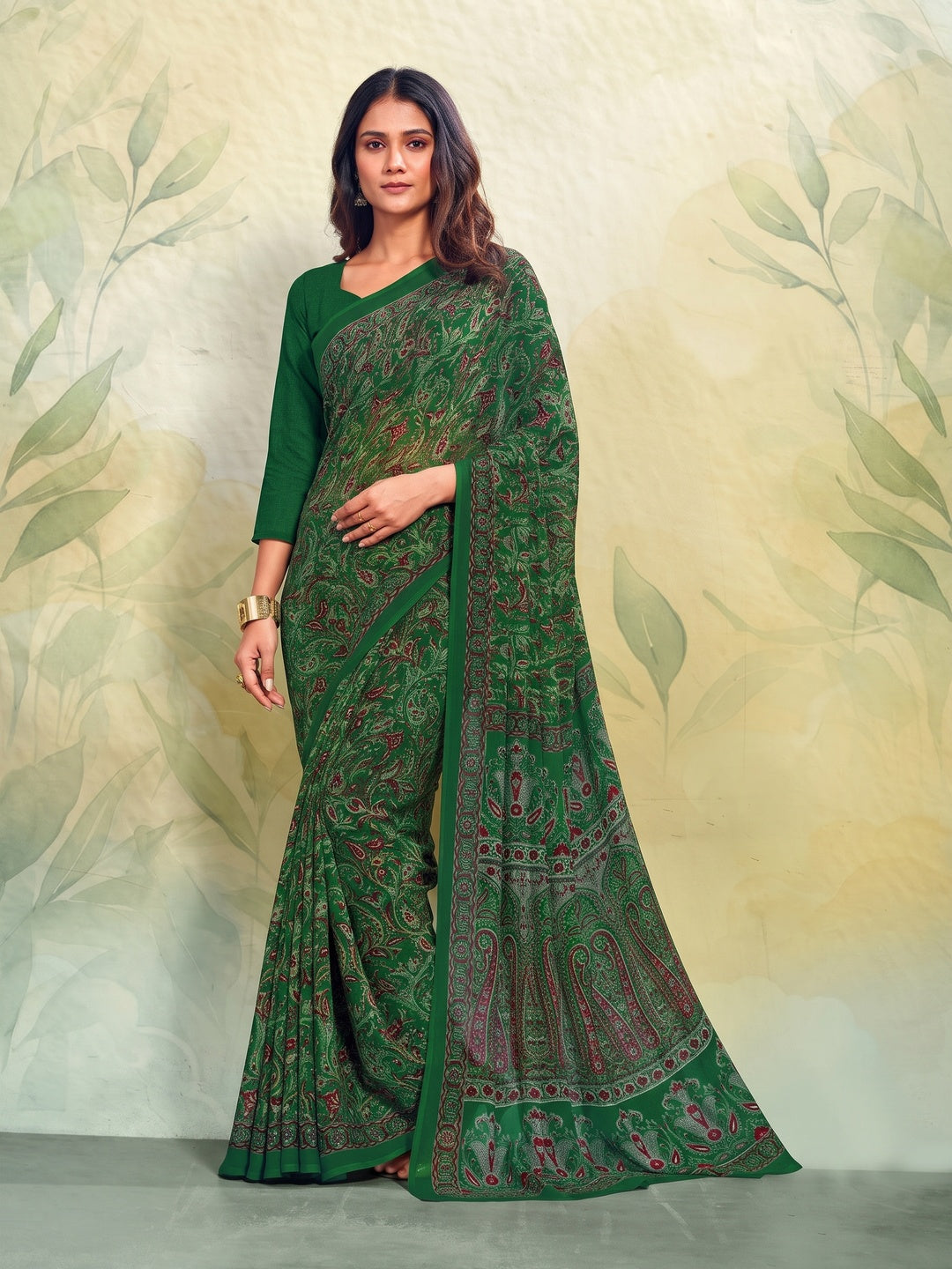 Peachmode Green Printed Smart Chiffon Saree - Image 1