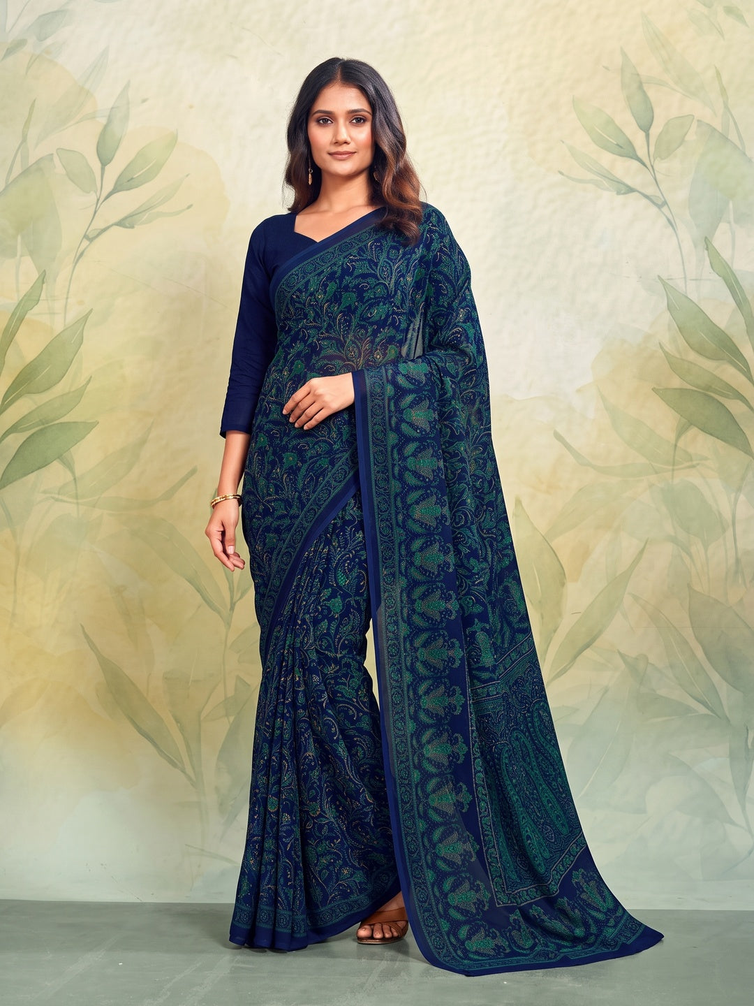 Peachmode Navy Blue Printed Smart Chiffon Saree - Image 1
