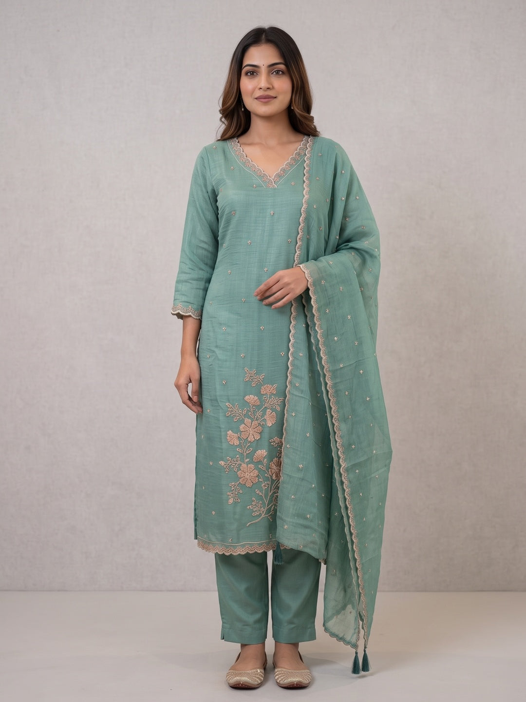 Sea Green Embellished Poly Blend Salwar Suit Set with Dupatta - Image 2