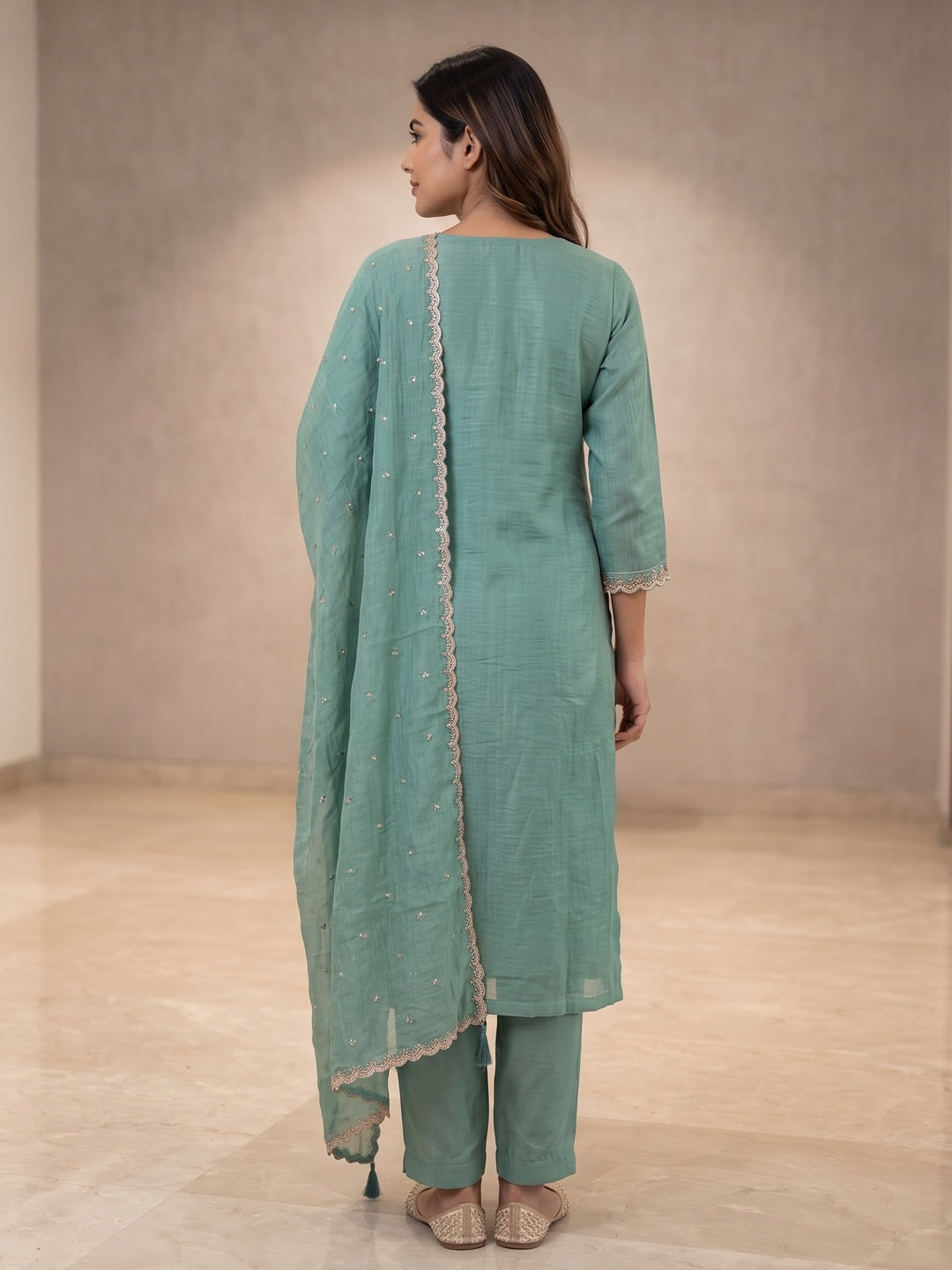 Sea Green Embellished Poly Blend Salwar Suit Set with Dupatta - Image 4
