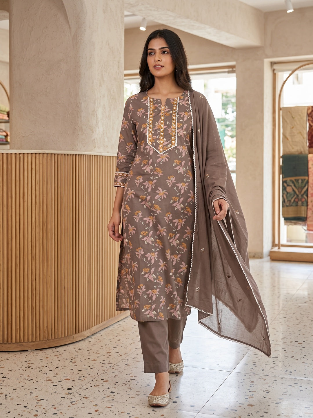 Coffee Pure Cotton Floral Printed and Embroidered Salwar Suit Set - Image 1