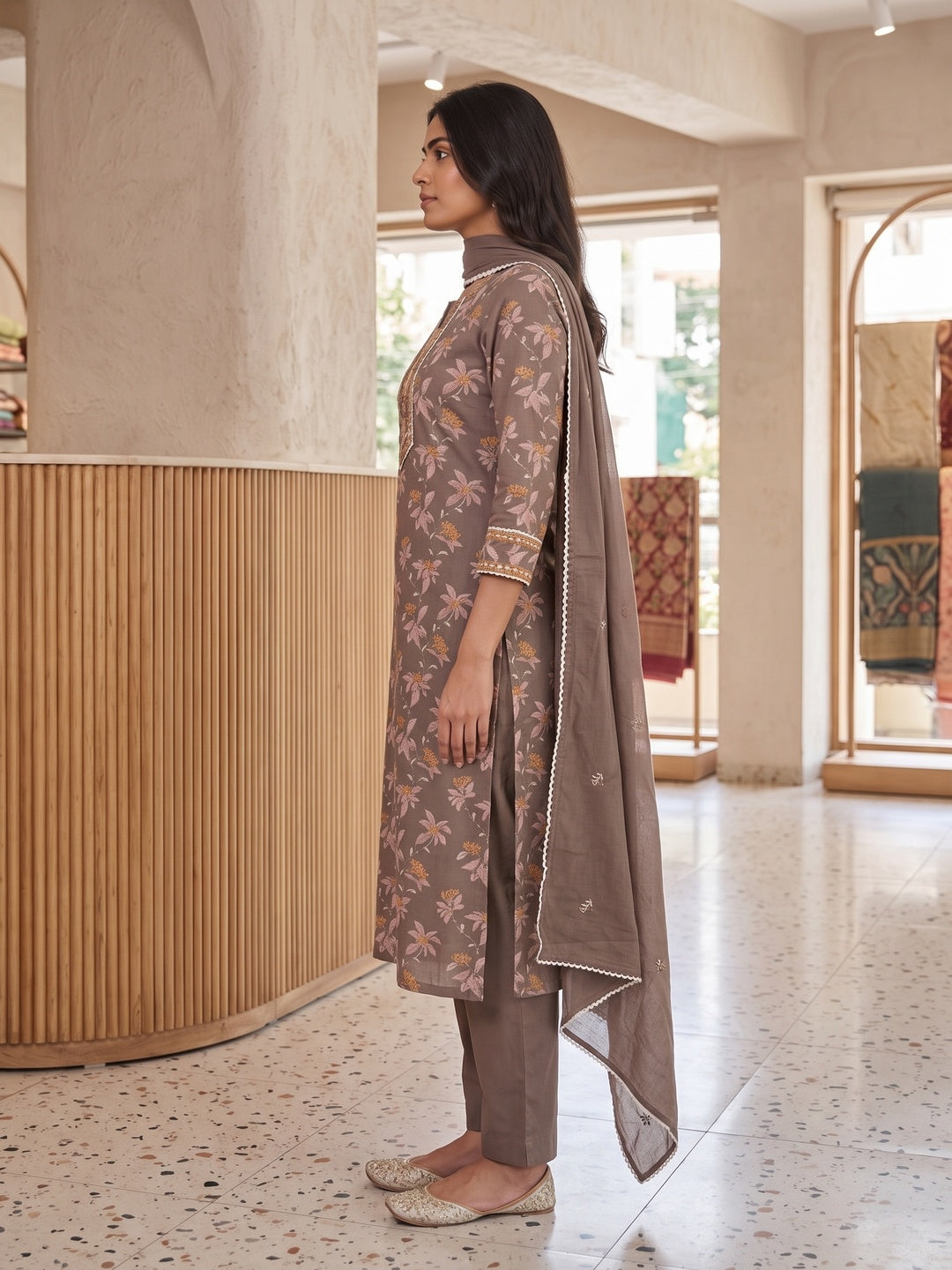 Coffee Pure Cotton Floral Printed and Embroidered Salwar Suit Set - Image 5