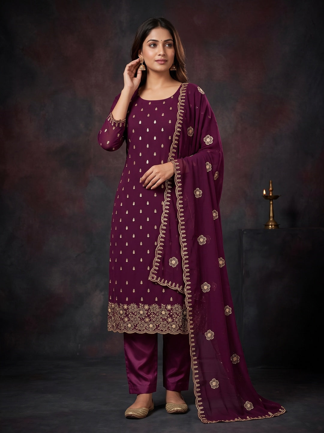 Wine Floral Sequins Embroidered Georgette Dress Material - Image 1