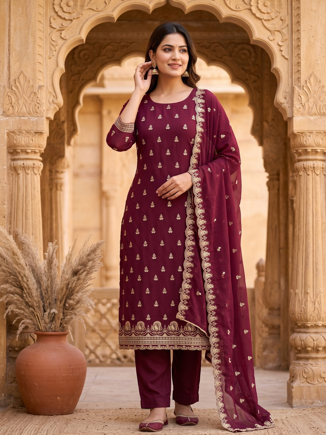 Maroon Georgette Dress Material with Sparkling Sequin Embroidery - Image 1