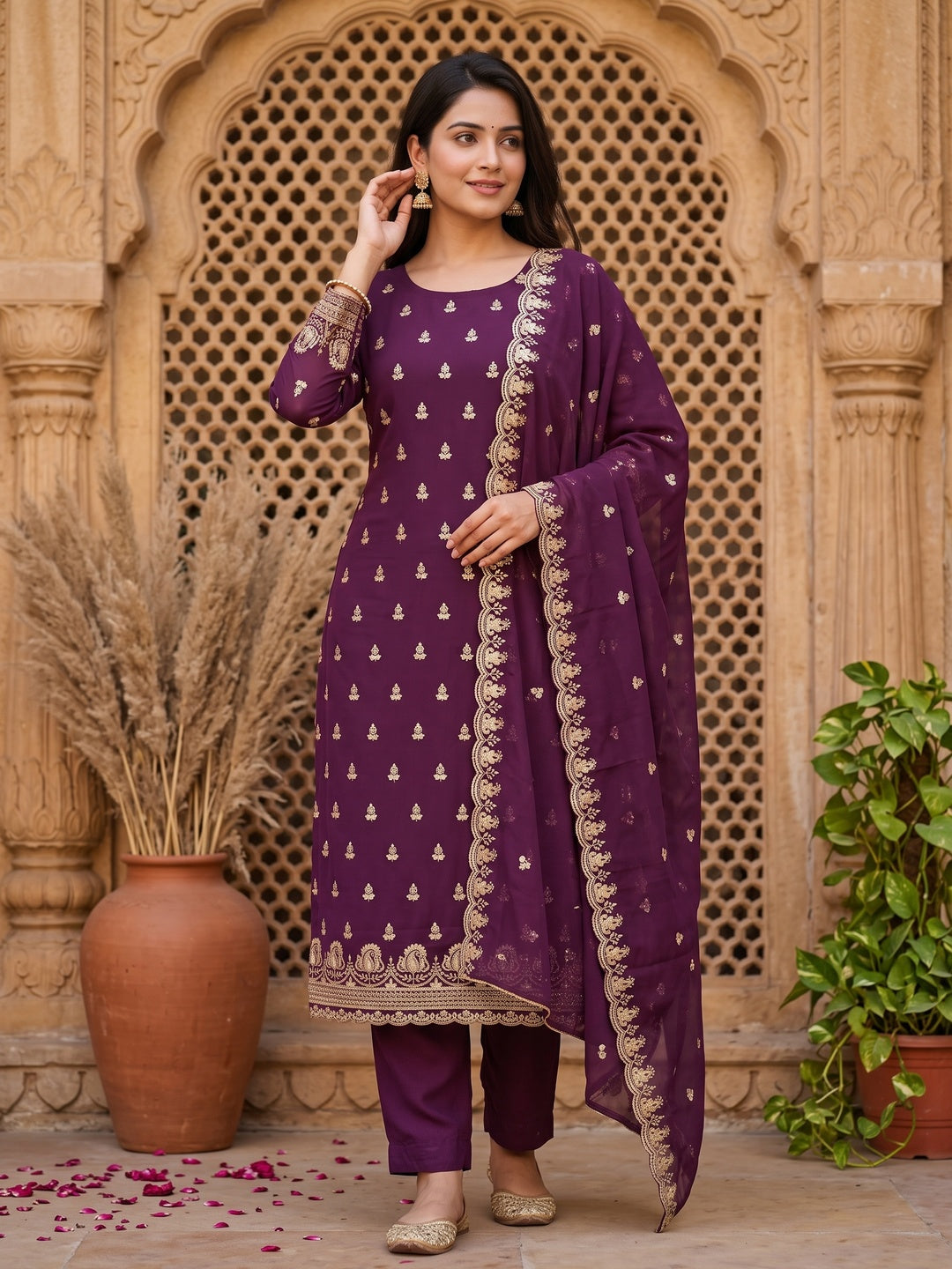 Plum Purple Georgette Dress Material with Sparkling Sequin Embroidery - Image 1