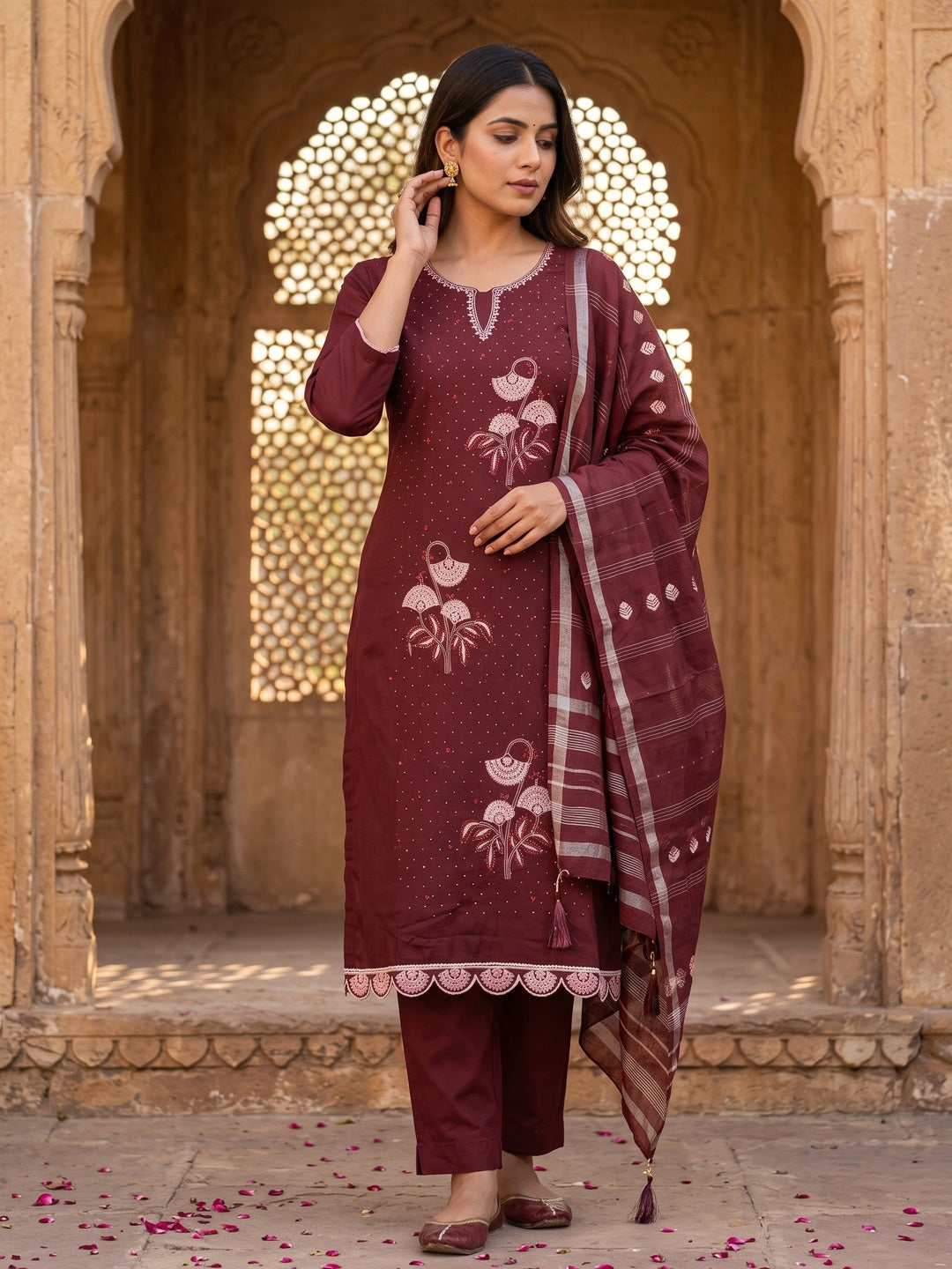 Maroon Dress Material in Cotton Blend with Delicate Embroidery Work - Image 1
