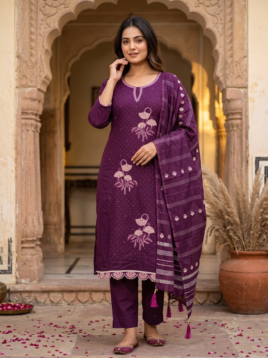 Plum Purple Dress Material in Cotton Blend with Delicate Embroidery Work - Image 1