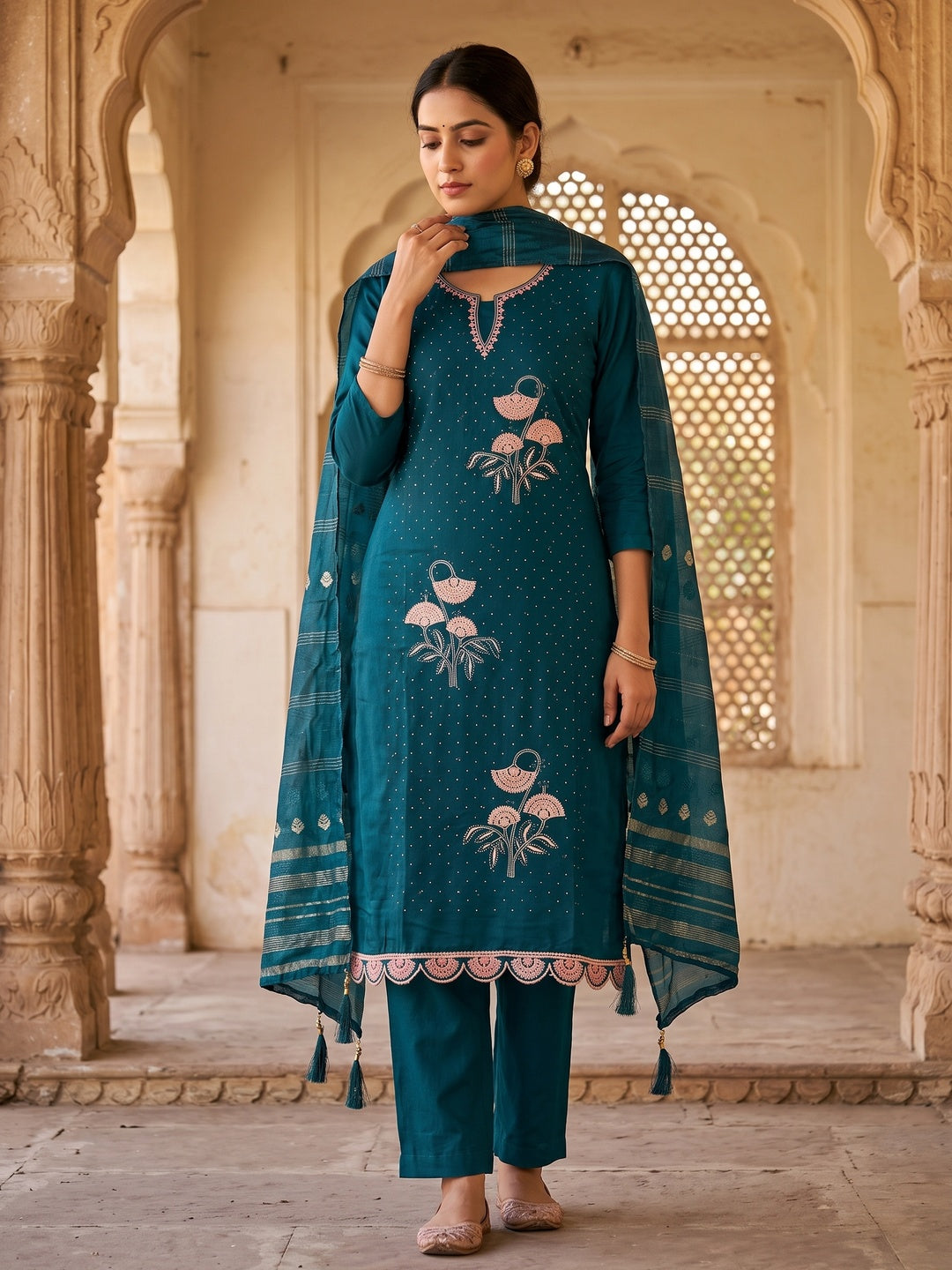 Teal Dress Material in Cotton Blend with Delicate Embroidery Work - Image 1