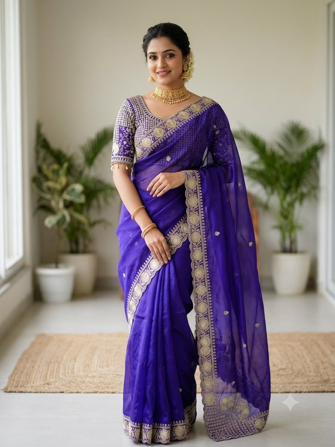Peachmode Purple Mirror Embroidered Fandy Satin Saree - Image 1