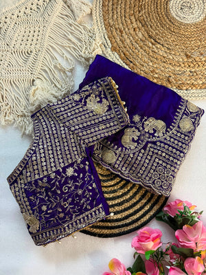 Peachmode Purple Mirror Embroidered Fandy Satin Saree - Image 2