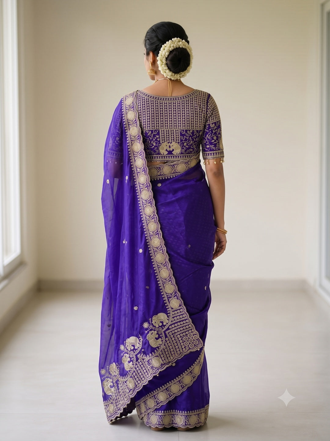 Peachmode Purple Mirror Embroidered Fandy Satin Saree - Image 5