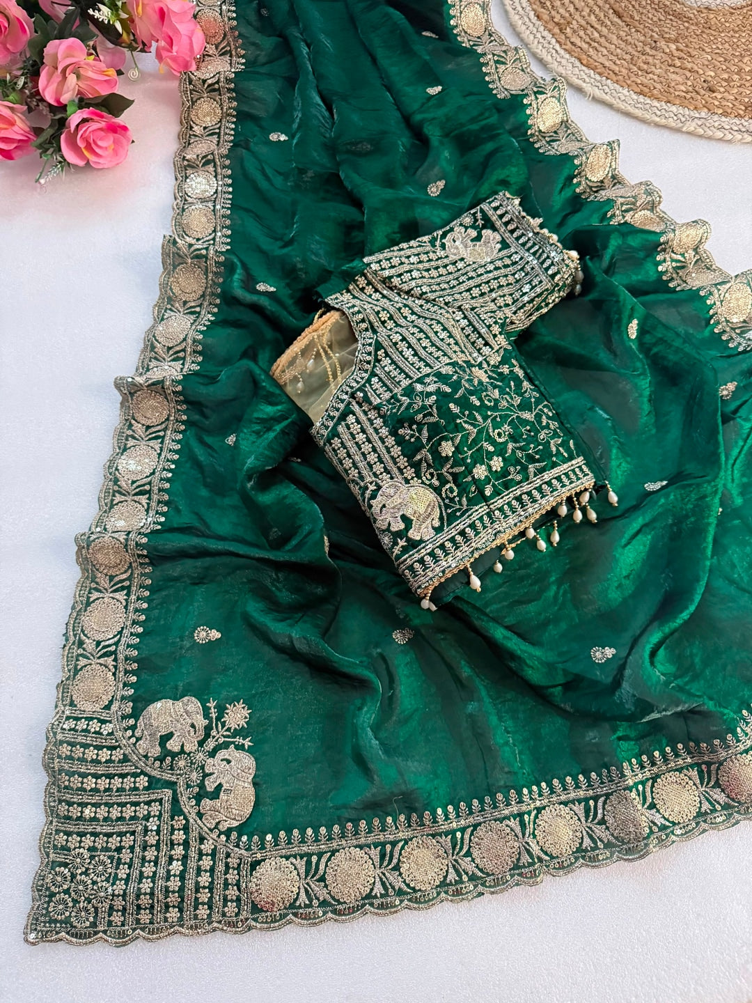 Peachmode Green Mirror Embroidered Fandy Satin Saree - Image 3