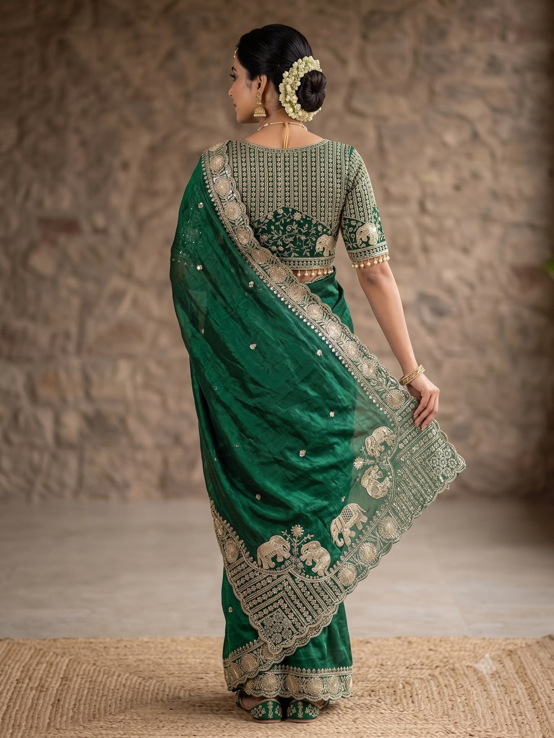 Peachmode Green Mirror Embroidered Fandy Satin Saree - Image 5