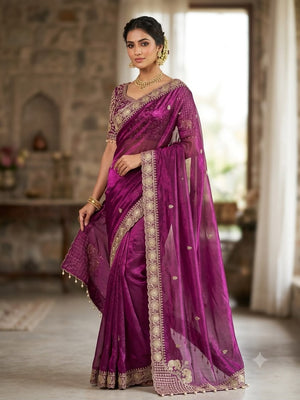Peachmode Magenta Mirror Embroidered Fandy Satin Saree - Image 1