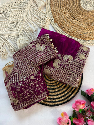 Peachmode Magenta Mirror Embroidered Fandy Satin Saree - Image 2