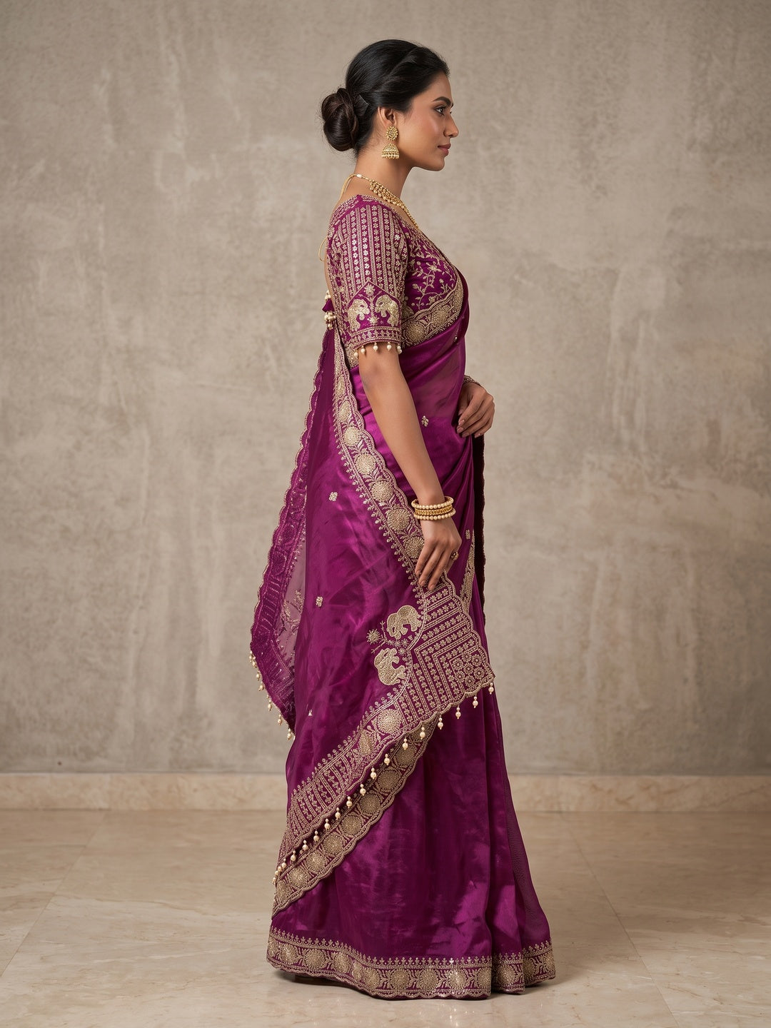 Peachmode Magenta Mirror Embroidered Fandy Satin Saree - Image 4