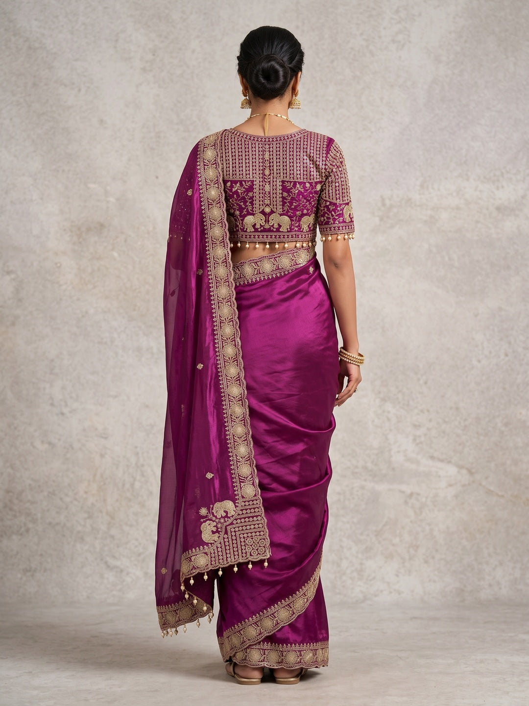Peachmode Magenta Mirror Embroidered Fandy Satin Saree - Image 5