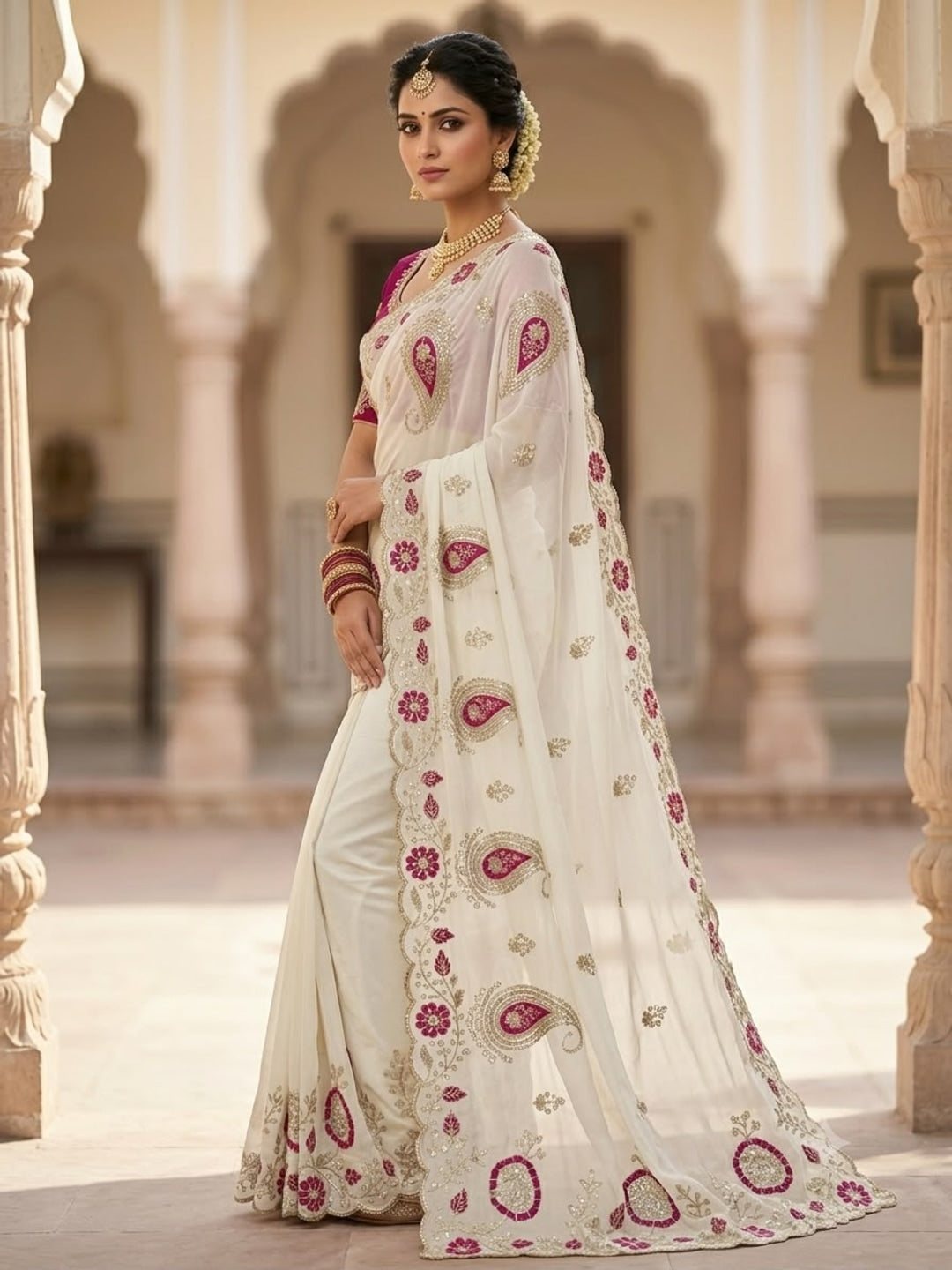 Peachmode Cream Embroidered Star Georgette Saree - Image 2