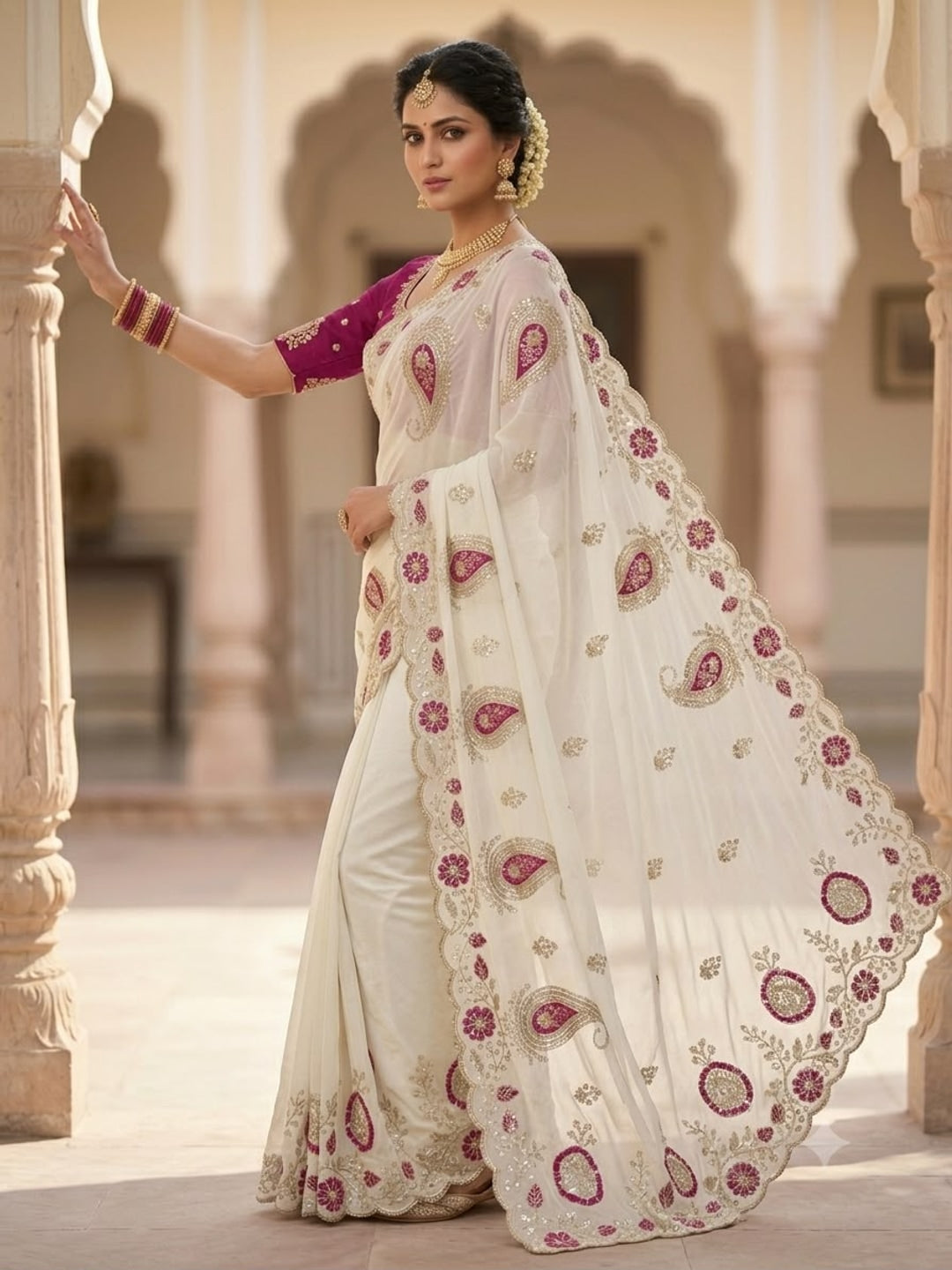 Peachmode Cream Embroidered Star Georgette Saree - Image 3