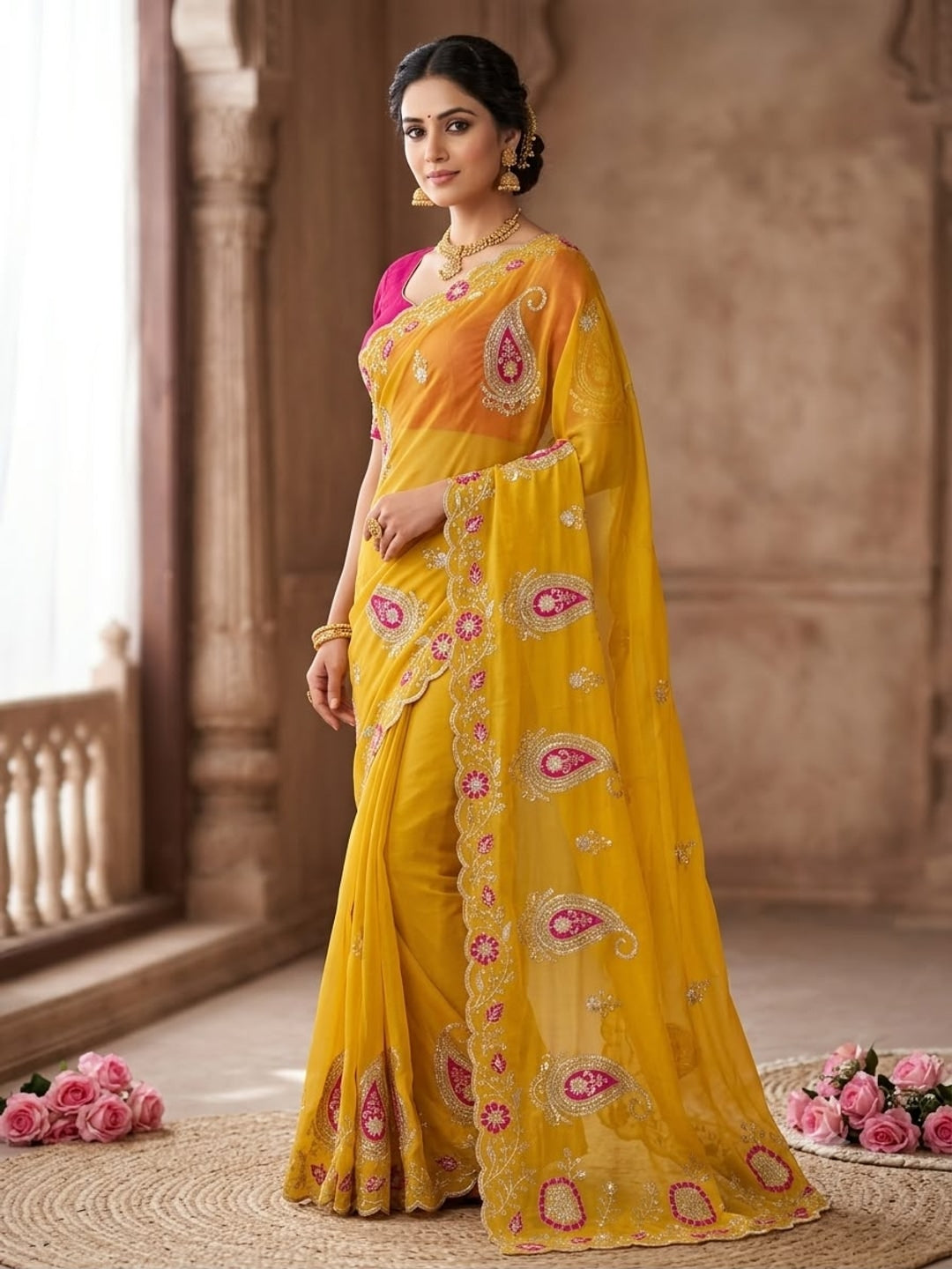 Peachmode Mustard Embroidered Star Georgette Saree - Image 2