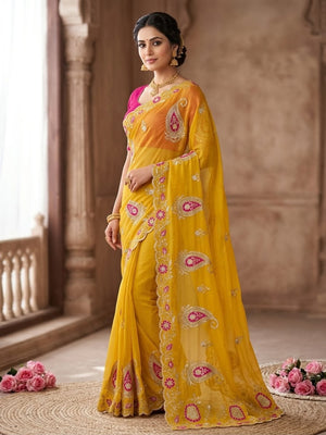 Peachmode Mustard Embroidered Star Georgette Saree - Image 2