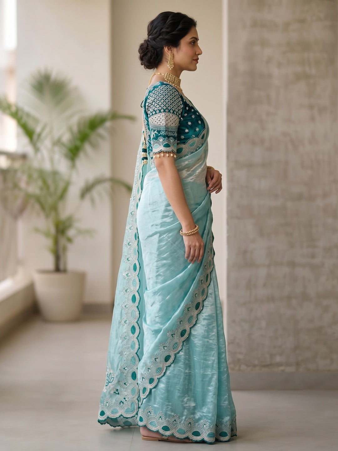Peachmode Teal Blue Mirror Embroidered Fandy Satin Saree - Image 4