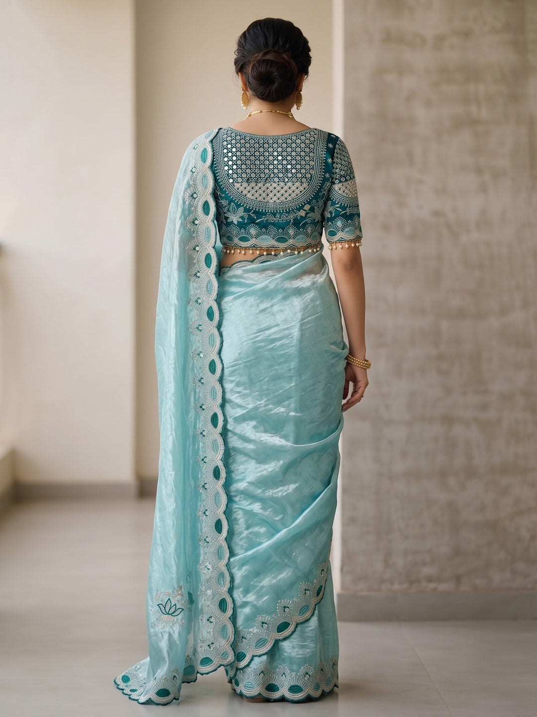 Peachmode Teal Blue Mirror Embroidered Fandy Satin Saree - Image 5