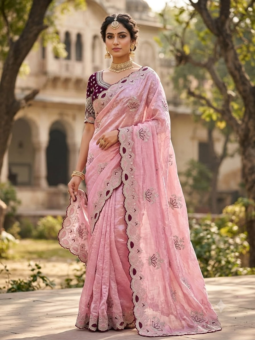 Peachmode Pink Mirror Embroidered Fandy Satin Saree - Image 1