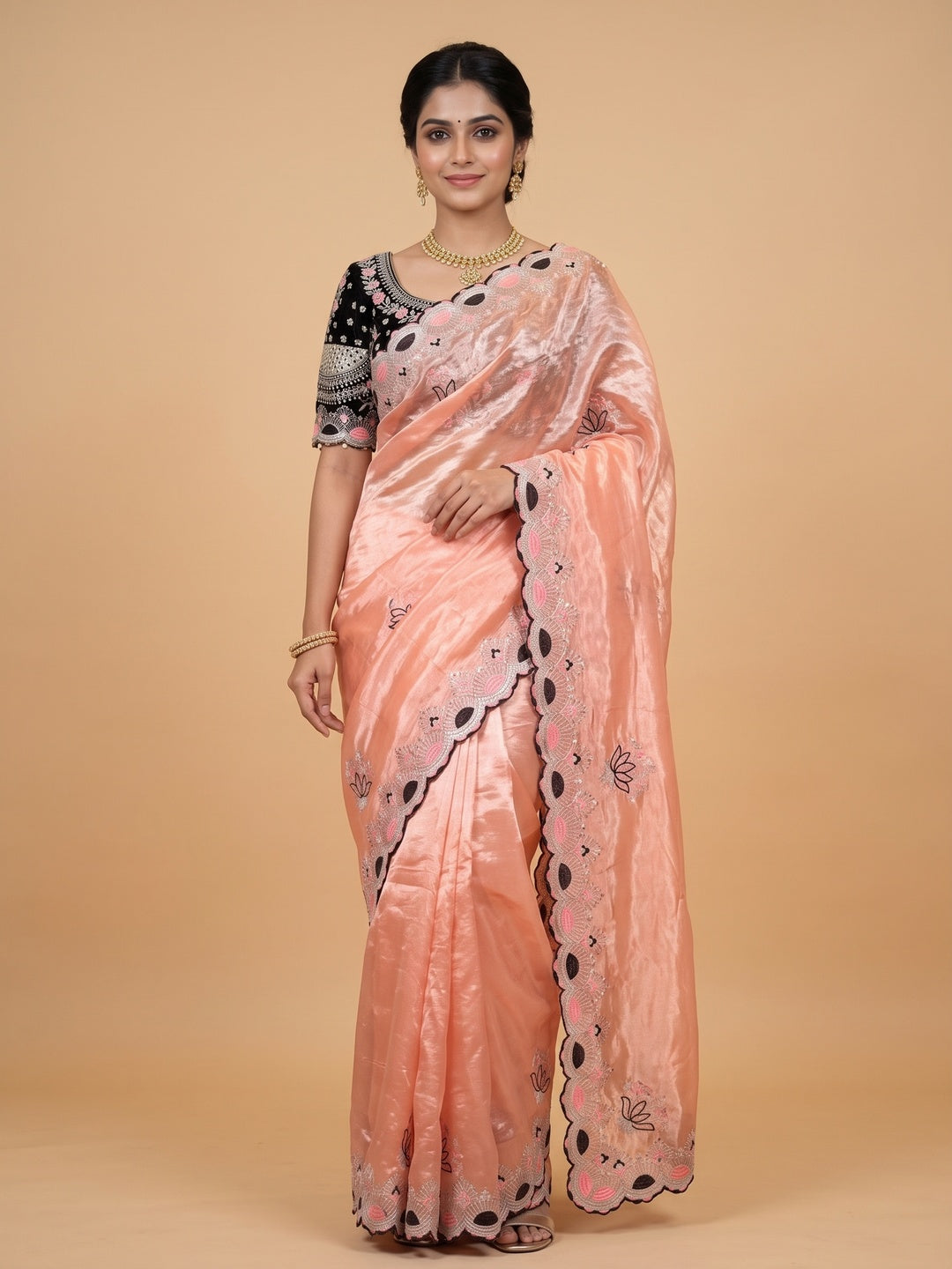 Peachmode Peach Mirror Embroidered Fandy Satin Saree - Image 4