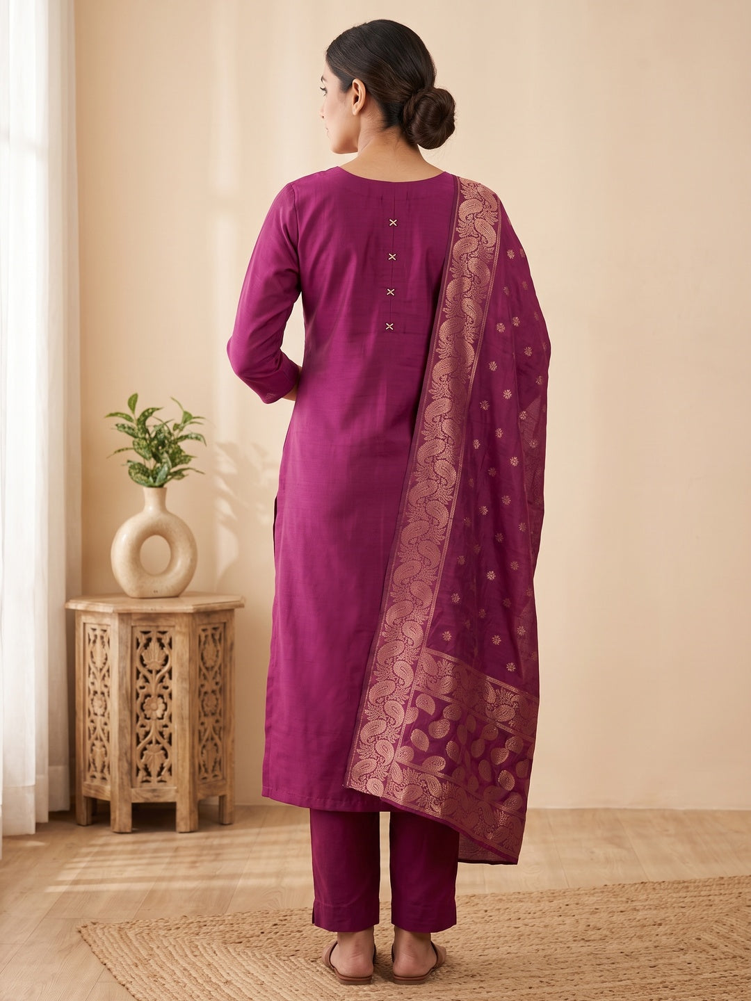 Peachmode Magenta Embroidered Roman Silk Dress Material - Image 4