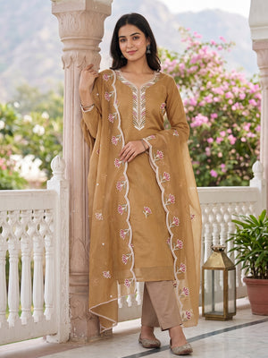 Luxurious Chikoo Chanderi Cotton Dress Material With Floral Thread Embroidery & Sequins - Image 1