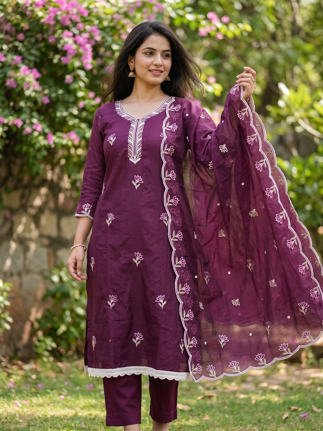 Luxurious Wine Chanderi Cotton Dress Material With Floral Thread Embroidery & Sequins Work - Image 1