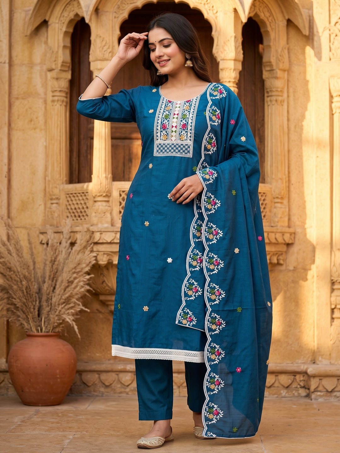 Elegant Blue Floral Sequin Embroidered Cotton Blend Dress Material - Image 1