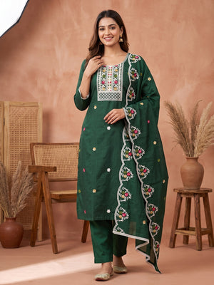 Enchanting Green Floral Sequin Embroidered Cotton Blend Dress Material - Image 1