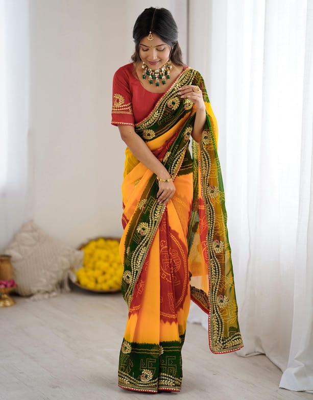 Peachmode Orange Multicolor Printed Embellished Georgette Saree - Image 1