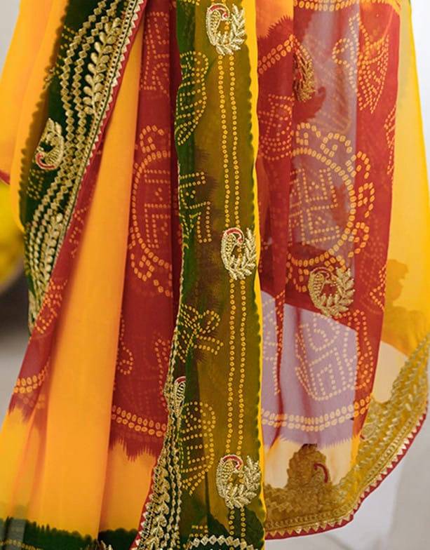 Peachmode Orange Multicolor Printed Embellished Georgette Saree - Image 5