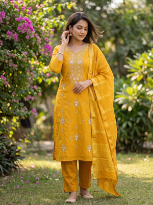 Mustard Pure Cotton Dress Material with Elegant Embroidery - Image 1