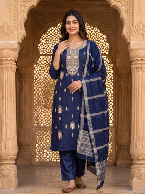 Blue Pure Cotton Dress Material with Elegant Embroidery - Image 1