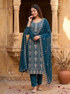 Heavy Thread Embroidered Teal Georgette Unstitched Suit Material - Image 1