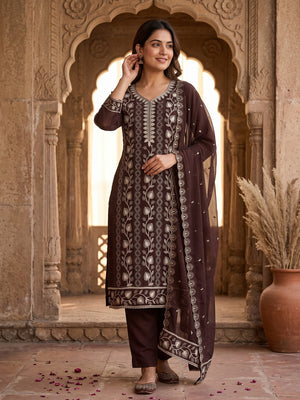 Brown Unstitched Georgette Suit Material Accented with Beautiful Thread Embroidery - Image 1