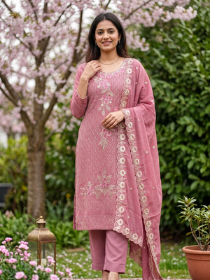 Designer Dusty Pink Floral Work Embroidered Georgette Unstitched Dress Material - Image 1
